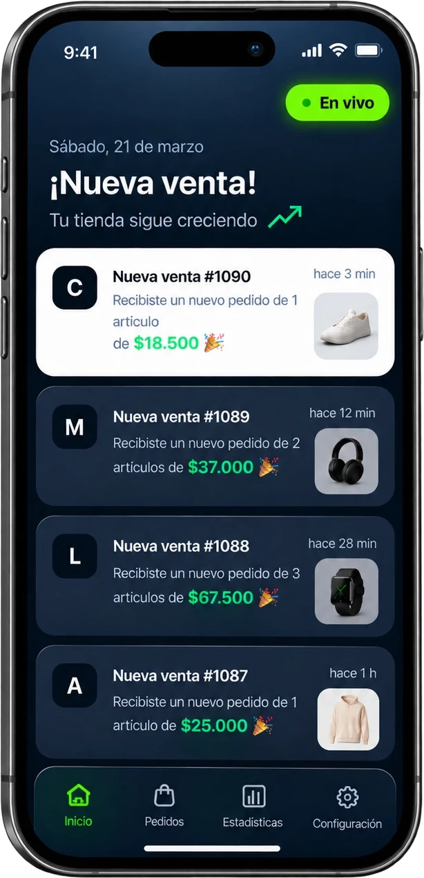 Notificaciones de ventas de Tutiendahora en el celular